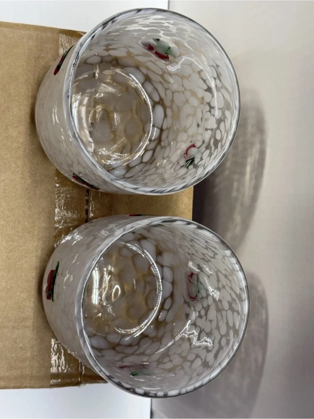 Hand Blown Cherry Art Glass Tumblers Set of 2 White Confetti Cups